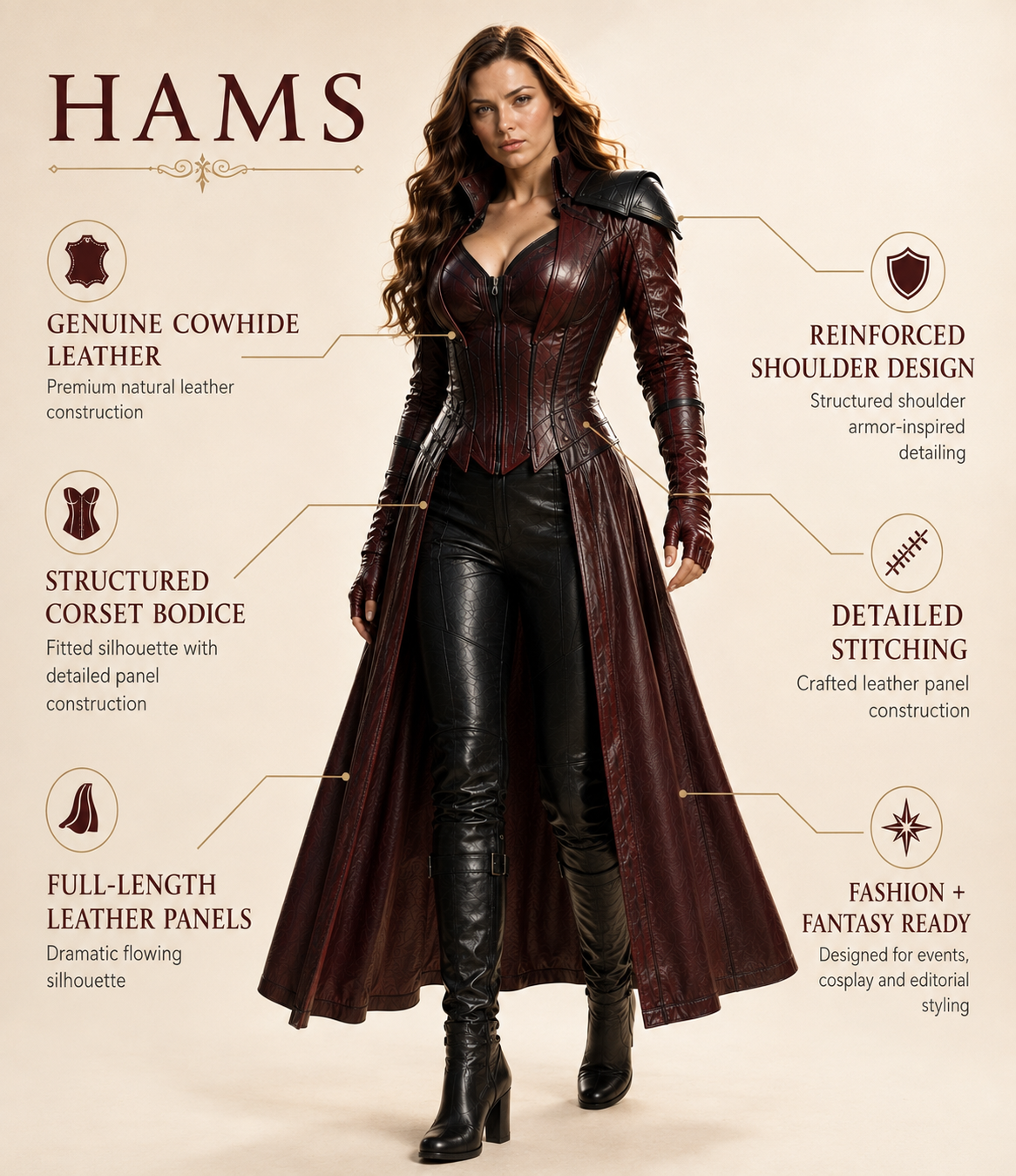 HAMS™ Women’s Genuine Cowhide Leather Gothic Medieval Long Coat with Structured Corset Bodice, Reinforced Shoulder Detail, Full-Length Fantasy Fashion Design