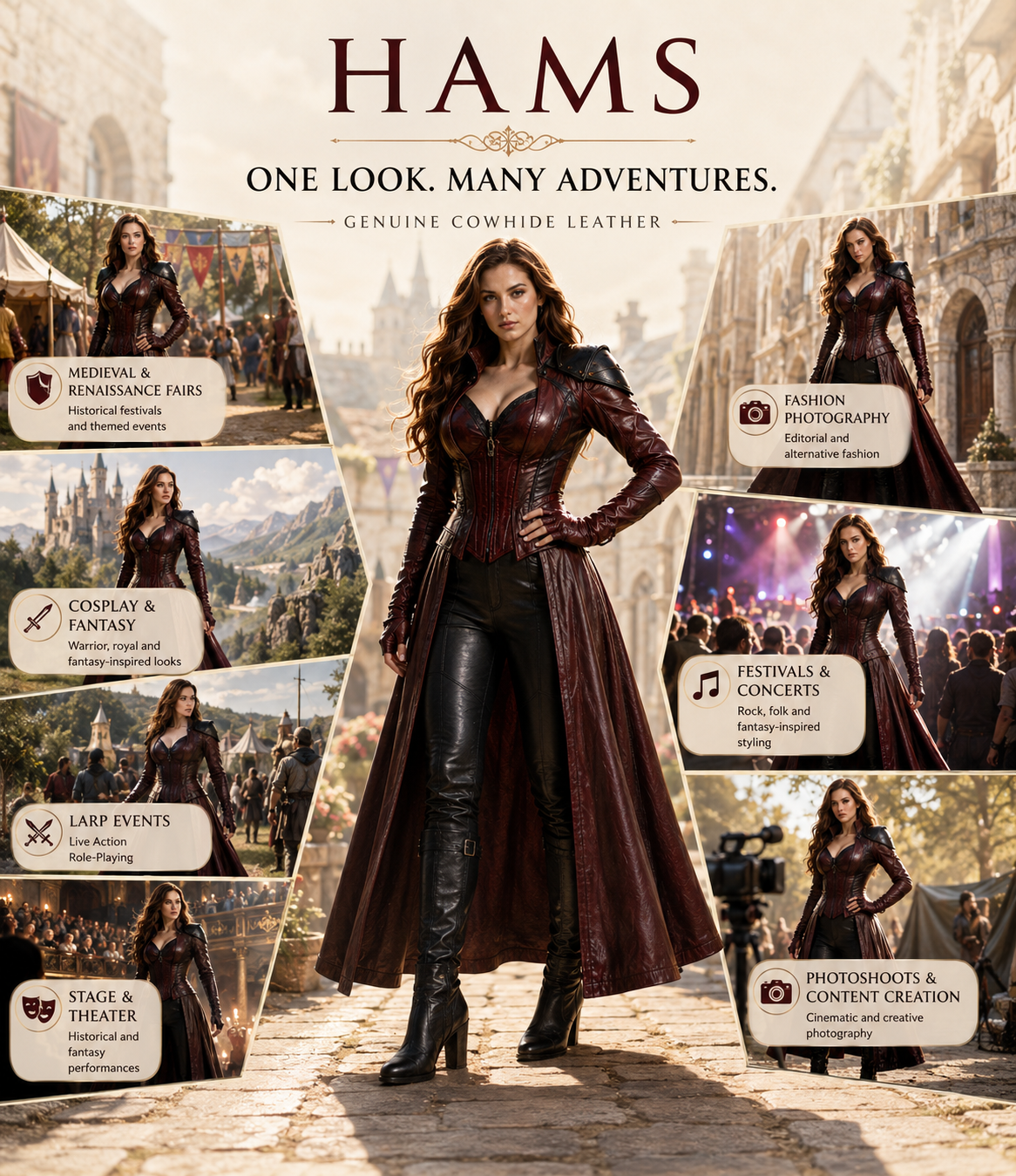 HAMS™ Women’s Genuine Cowhide Leather Gothic Medieval Long Coat with Structured Corset Bodice, Reinforced Shoulder Detail, Full-Length Fantasy Fashion Design