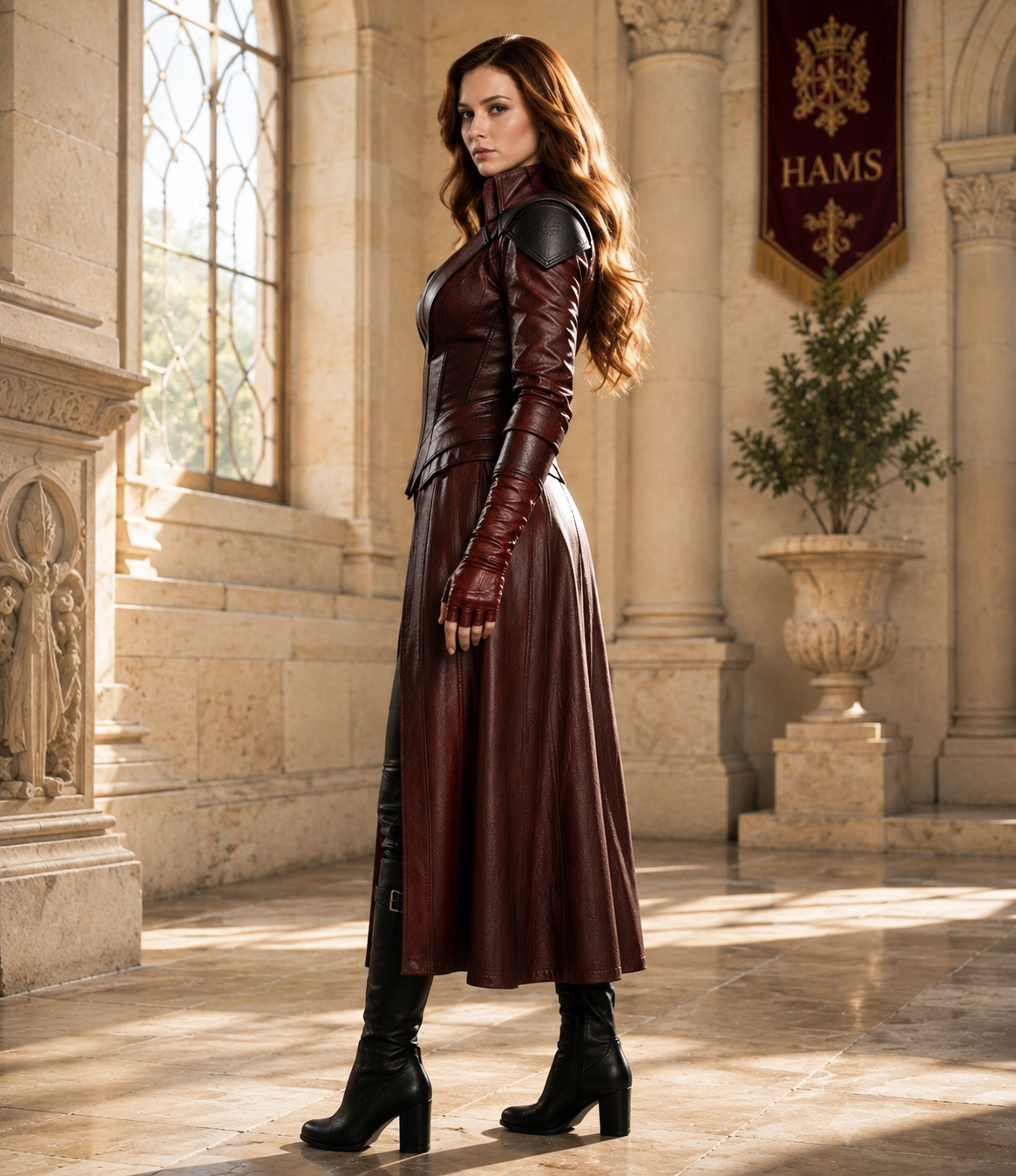 HAMS™ Women’s Genuine Cowhide Leather Gothic Medieval Long Coat with Structured Corset Bodice, Reinforced Shoulder Detail, Full-Length Fantasy Fashion Design