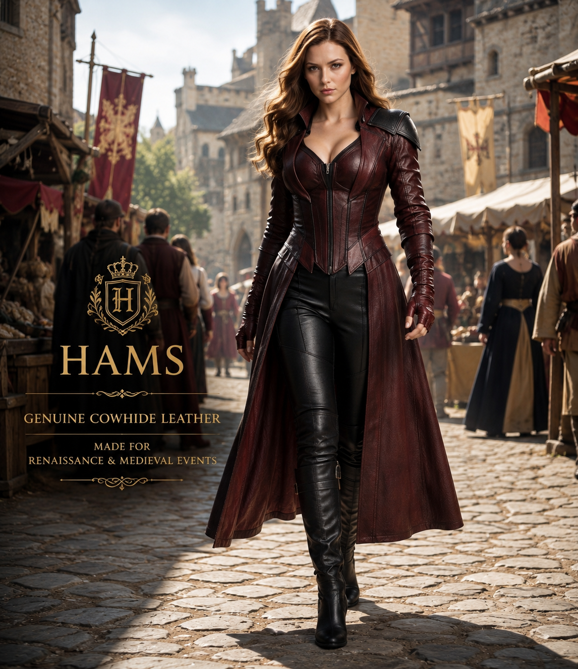 HAMS™ Women’s Genuine Cowhide Leather Gothic Medieval Long Coat with Structured Corset Bodice, Reinforced Shoulder Detail, Full-Length Fantasy Fashion Design