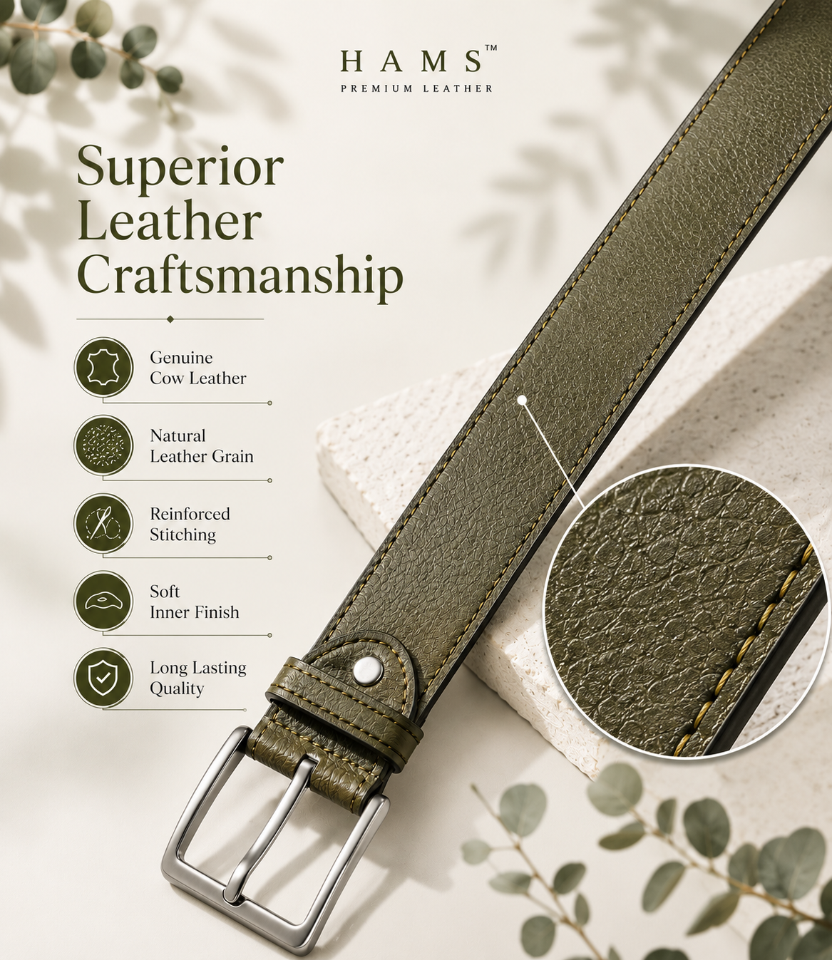 HAMS™ Premium Genuine Cow Leather Belt for Men – Olive Green | Full Grain Leather | Matte Silver Pin Buckle