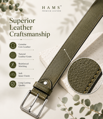 HAMS™ Premium Genuine Cow Leather Belt for Men – Olive Green | Full Grain Leather | Matte Silver Pin Buckle