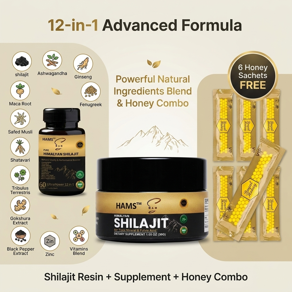 HAMS Himalayan Shilajit 12-in-1 Advanced Formula bundle, featuring a black and gold jar, a black bottle, and six honey sachets on a beige background with ingredient icons.