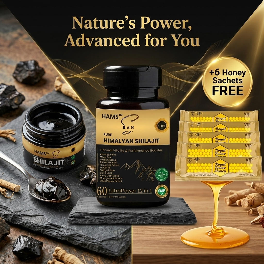 HAMS™ Himalayan Shilajit Resin + UltraPower 12-in-1 Herbal Complex Combo | Premium Wellness Bundle | Includes 6 FREE VIP Royal Honey Sachets
