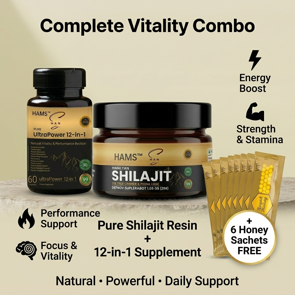 Himalayan Shilajit Resin + 12-in-1 Ashwagandha Blend Combo Pack (Pack of 2) | 84+ Trace Minerals, Fulvic Acid & Elemental Gold | Premium Lab-Tested Wellness Supplement | Includes 6 FREE VIP Royal Honey Sachets