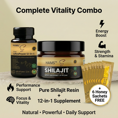 Himalayan Shilajit Resin + 12-in-1 Ashwagandha Blend Combo Pack (Pack of 2) | 84+ Trace Minerals, Fulvic Acid & Elemental Gold | Premium Lab-Tested Wellness Supplement | Includes 6 FREE VIP Royal Honey Sachets
