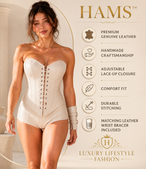 HAMS™ Women’s Genuine Leather Waist Cincher Corset, White Steampunk Gothic Corset with Adjustable Lace-Up Closure and Matching Leather Wrist Bracer