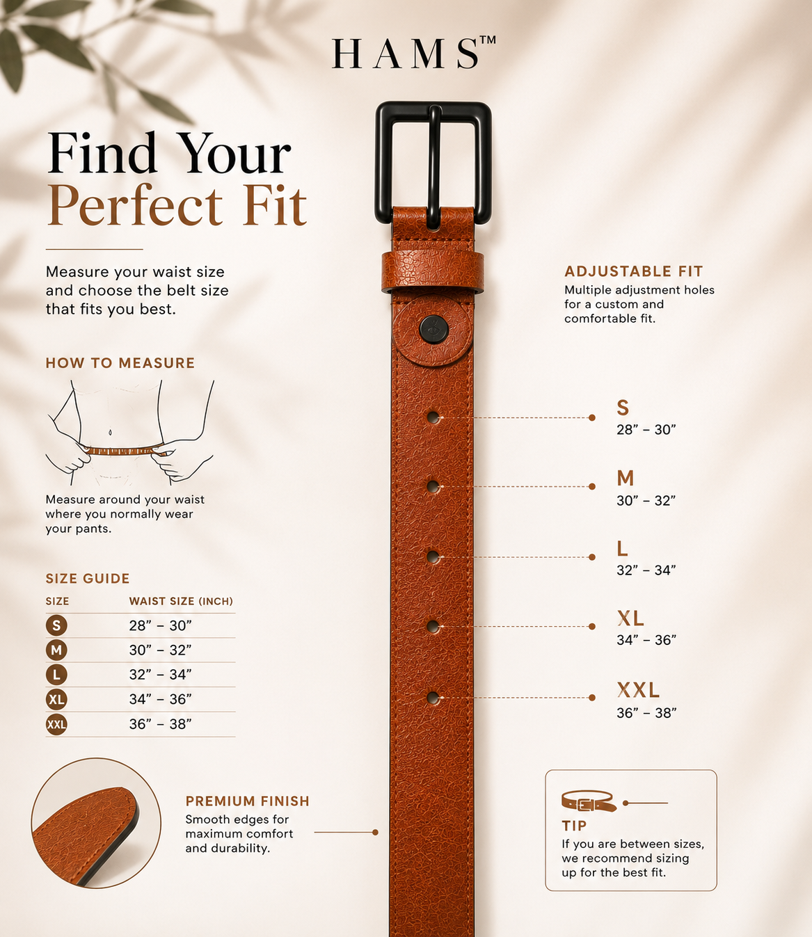 HAMS™ Genuine Cow Leather Belt for Men – Premium Tan Brown Casual & Formal Belt with Durable Metal Buckle
