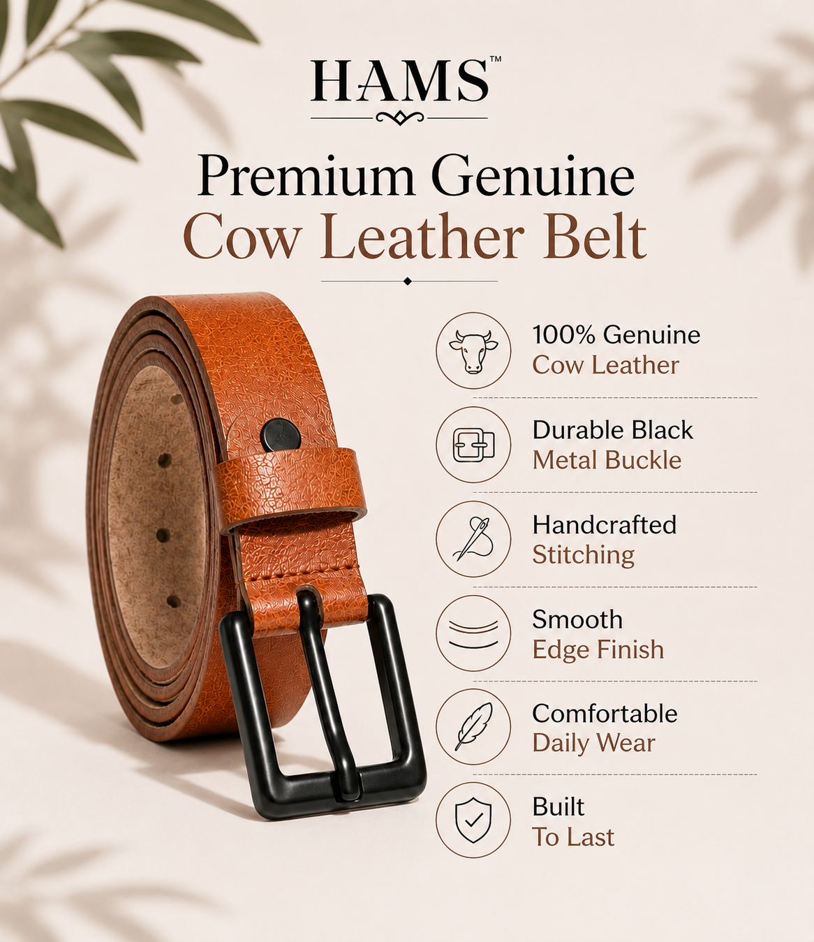 HAMS™ Genuine Cow Leather Belt for Men – Premium Tan Brown Casual & Formal Belt with Durable Metal Buckle