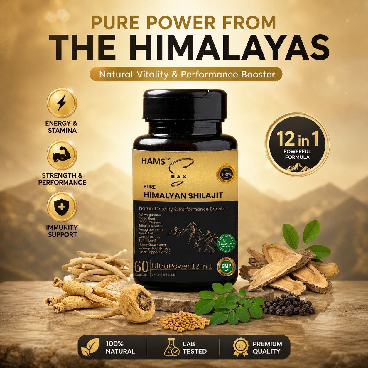 Hams Ram Pure Himalayan Shilajit supplement bottle displayed on a wooden surface with herbal ingredients like rhinoceros horn, cordyceps, and green leaves. The background is a warm golden-brown gradient with text highlighting energy, strength, immunity, and '12 in 1' benefits.
