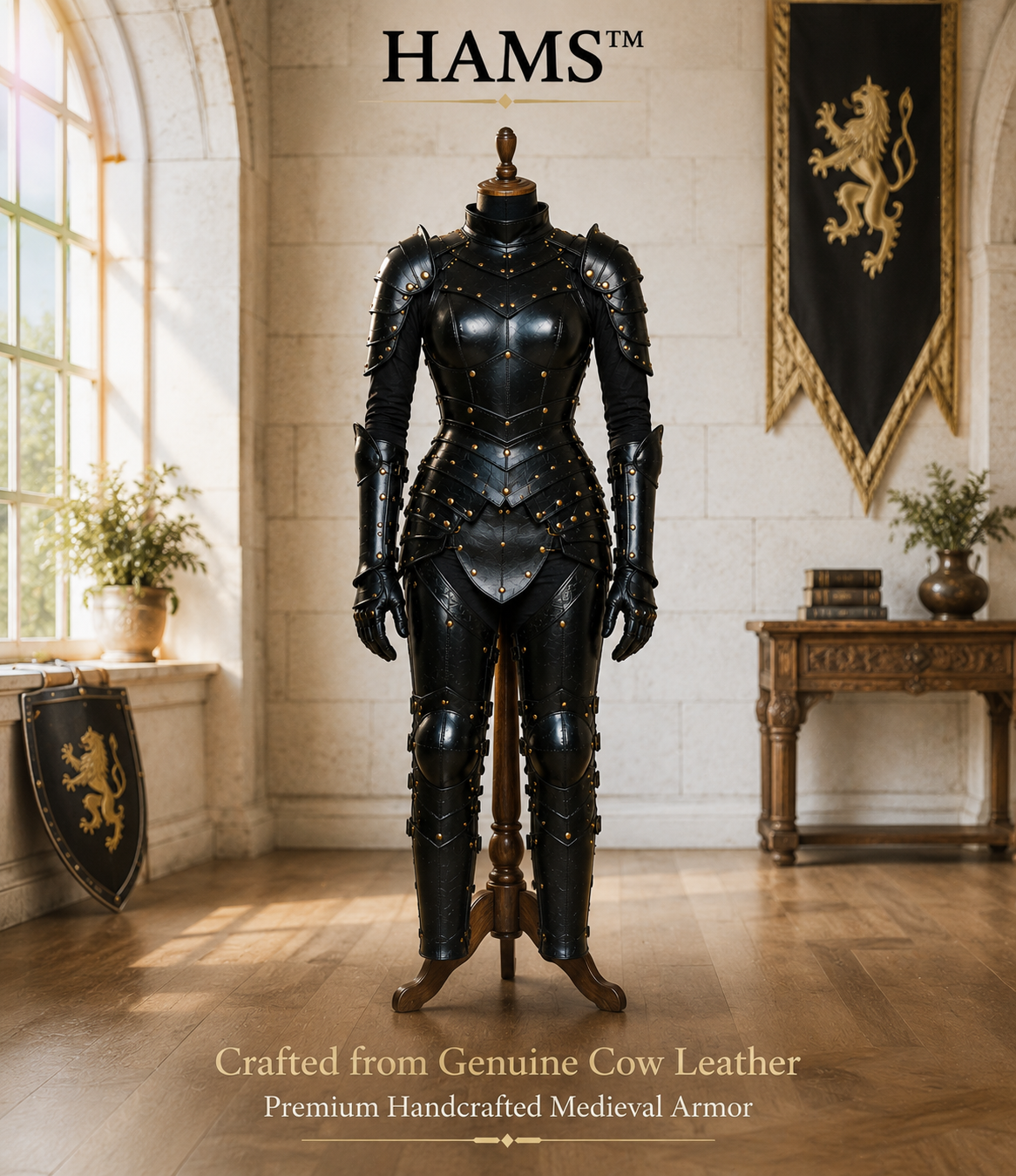 HAMS Women's Genuine Cow Leather Medieval Knight Armor Set – Handmade Black LARP, Renaissance & Cosplay Costume