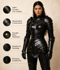 HAMS Women's Genuine Cow Leather Medieval Knight Armor Set – Handmade Black LARP, Renaissance & Cosplay Costume