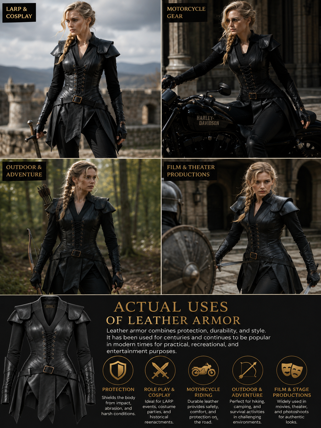 HAMS Women's Genuine Cow Leather Medieval Warrior Full Gown Dress | Handmade Leather Armor Costume with Cloak | Renaissance Fair, LARP, Viking, Cosplay, Halloween, Medieval Reenactment Costume for Women