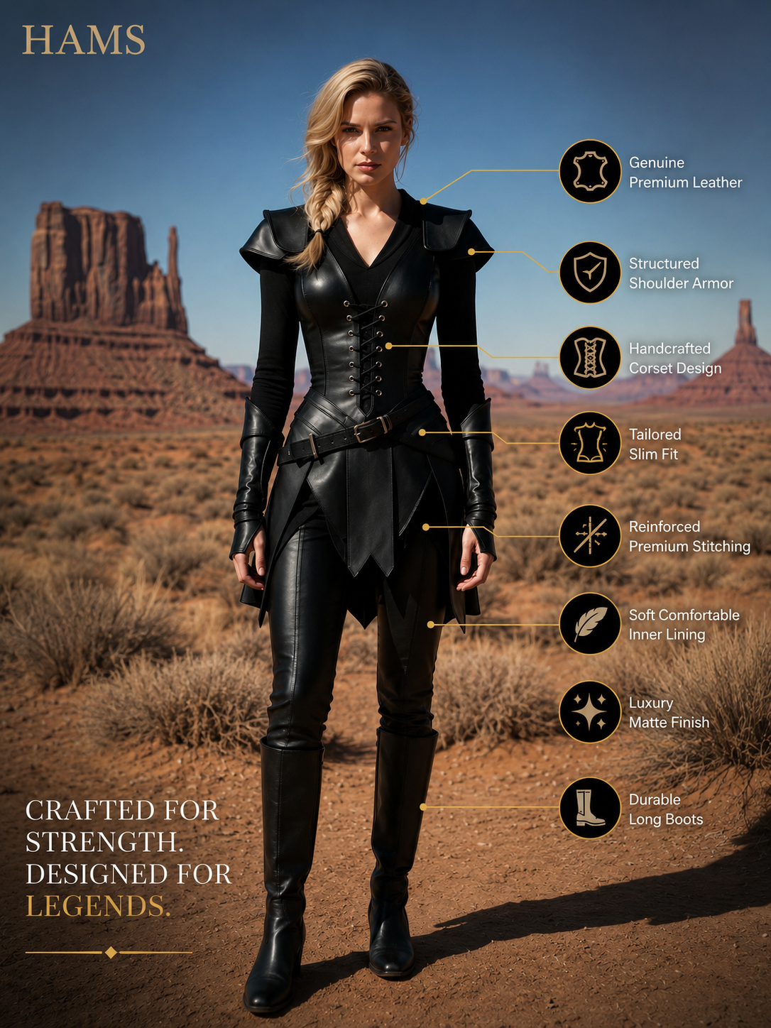 HAMS Women's Genuine Cow Leather Medieval Warrior Full Gown Dress | Handmade Leather Armor Costume with Cloak | Renaissance Fair, LARP, Viking, Cosplay, Halloween, Medieval Reenactment Costume for Women
