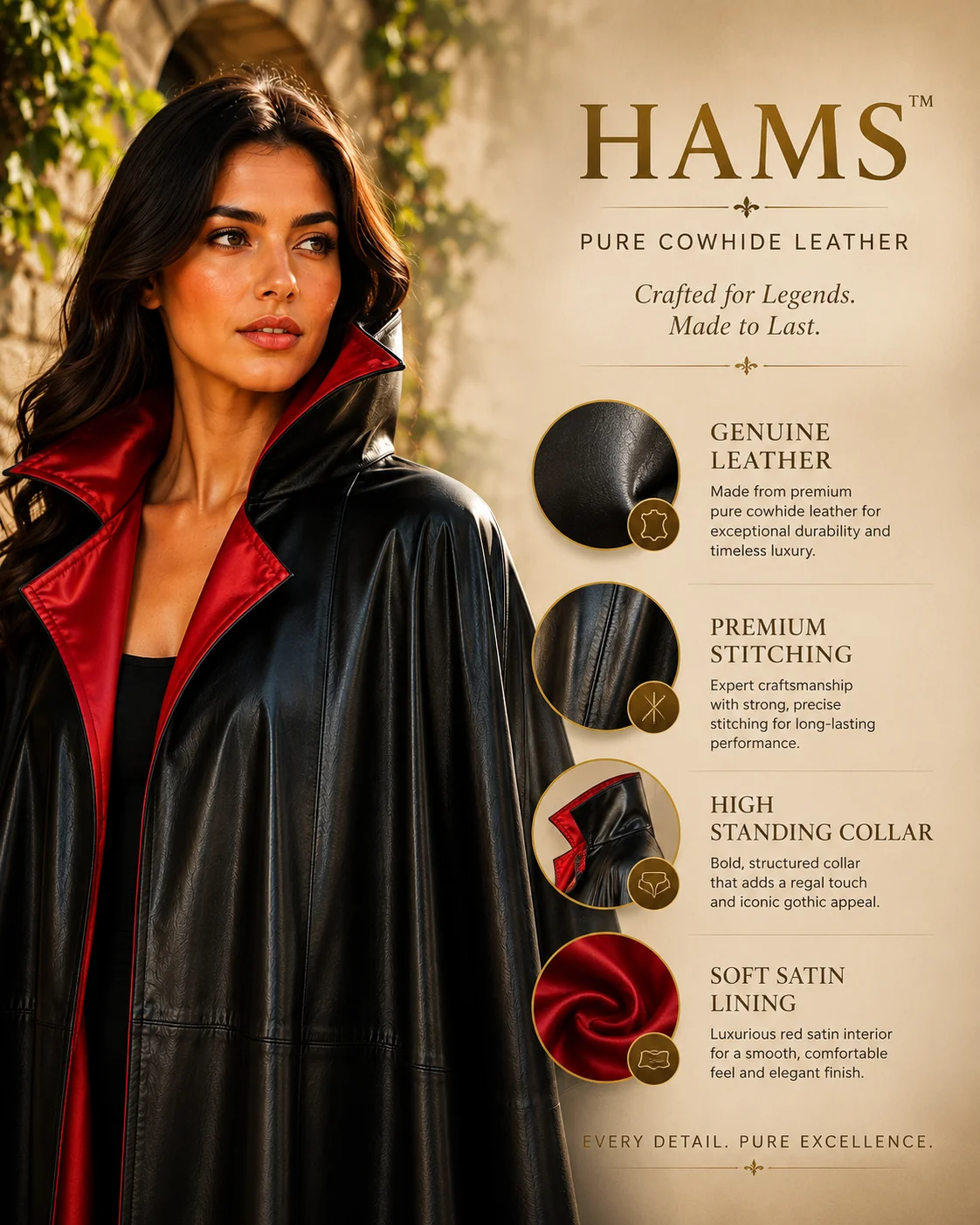 Genuine Cowhide Leather Gothic Cape | Handmade Full Length Leather Cloak | Vampire Cape | Renaissance Medieval Fantasy Costume