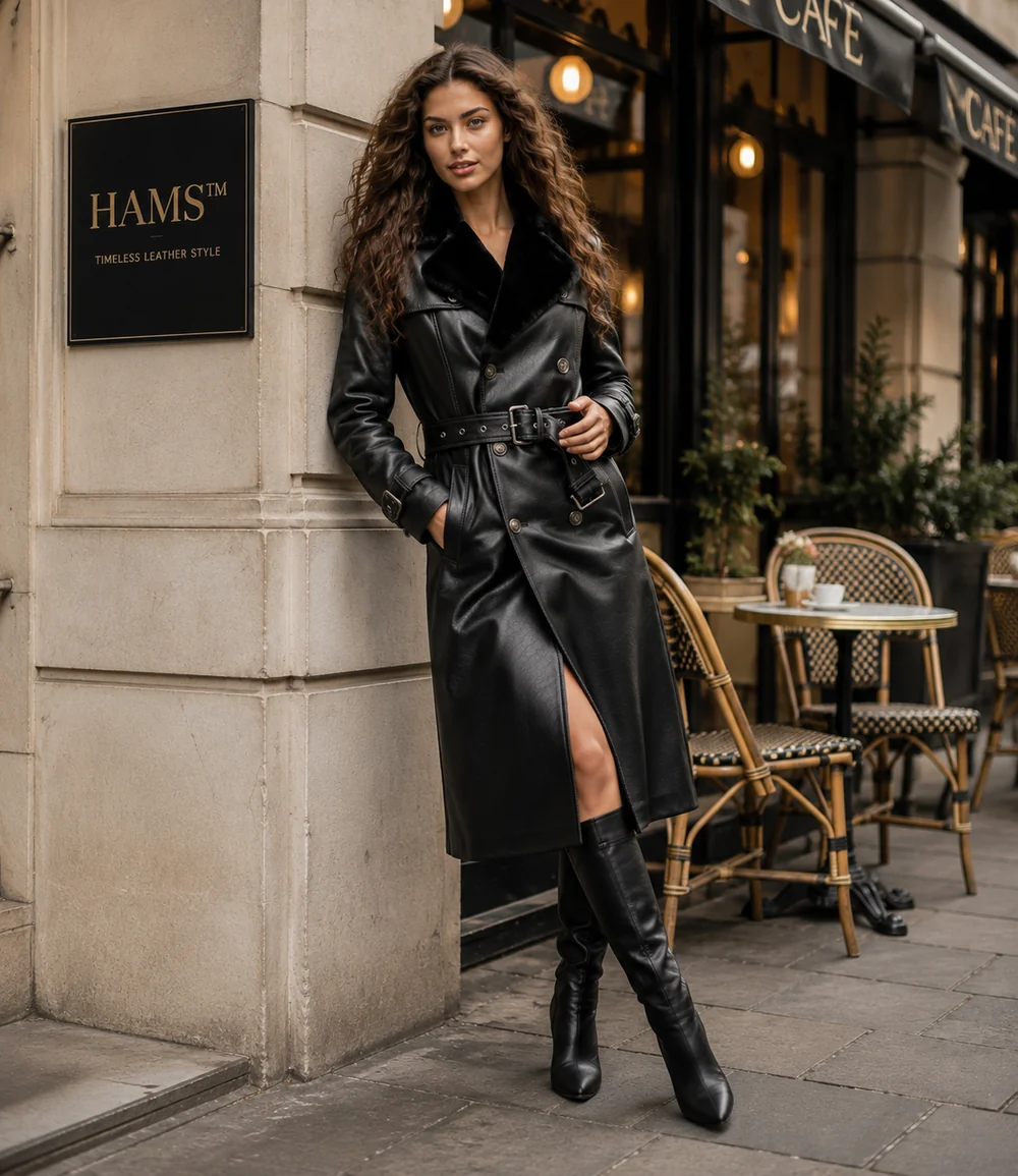 HAMS™ Women’s Black Leather Trench Coat, Longline Double-Breasted Belted Coat with Fur Collar, Structured Shoulders and Adjustable Cuffs