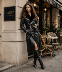 HAMS™ Women’s Black Leather Trench Coat, Longline Double-Breasted Belted Coat with Fur Collar, Structured Shoulders and Adjustable Cuffs