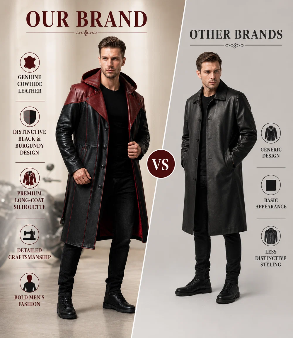 Men's Genuine Cowhide Leather Hooded Long Coat, Black and Deep Burgundy Button-Front Long Leather Coat