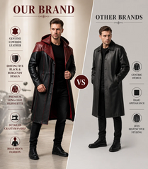 Men's Genuine Cowhide Leather Hooded Long Coat, Black and Deep Burgundy Button-Front Long Leather Coat