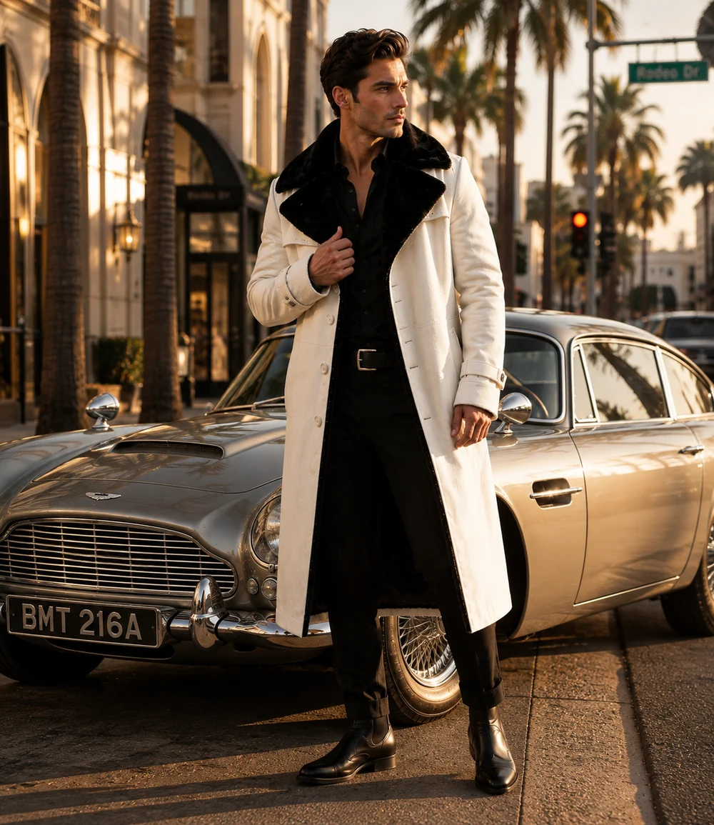 HAMS™ Men’s Genuine Cowhide Leather Long Trench Coat, White Leather Coat with Black Fur Collar, Full-Length Luxury Formal Outerwear