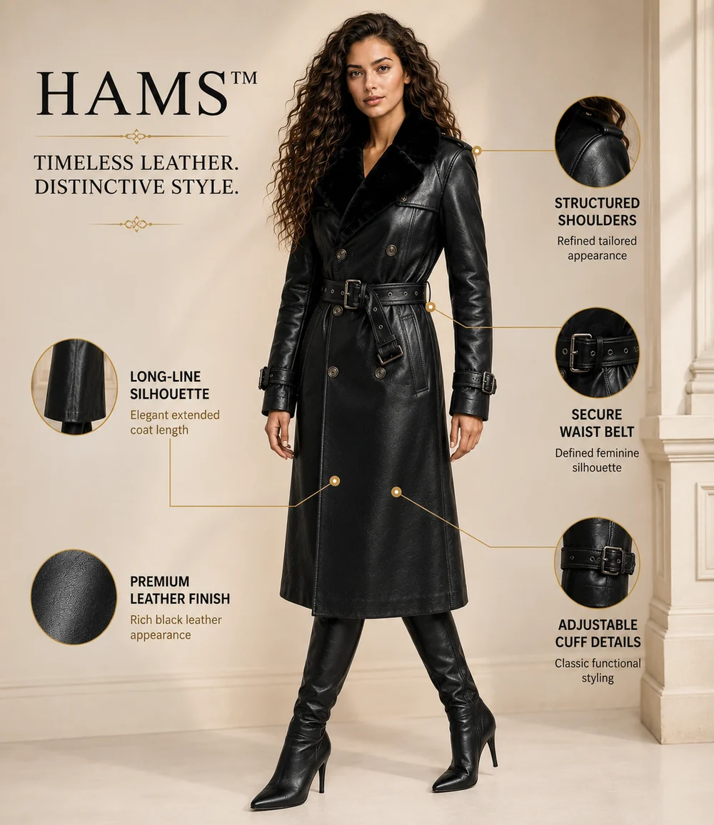 HAMS™ Women’s Black Leather Trench Coat, Longline Double-Breasted Belted Coat with Fur Collar, Structured Shoulders and Adjustable Cuffs