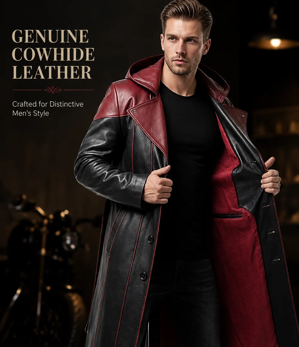 Men's Genuine Cowhide Leather Hooded Long Coat, Black and Deep Burgundy Button-Front Long Leather Coat