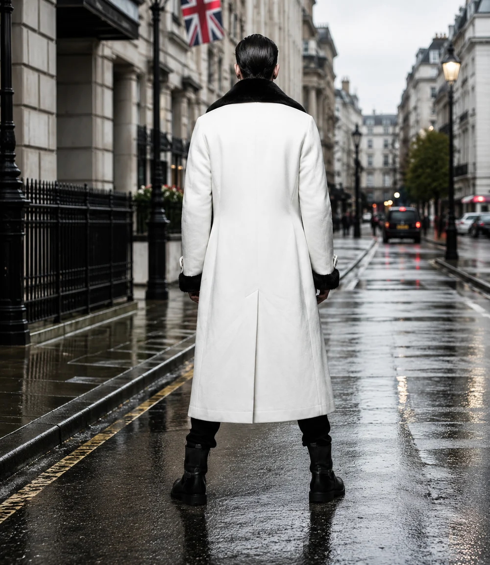 HAMS™ Men’s Genuine Cowhide Leather Long Trench Coat, White Leather Coat with Black Fur Collar, Full-Length Luxury Formal Outerwear