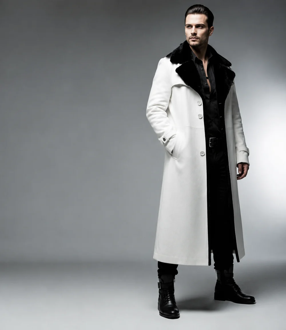 HAMS™ Men’s Genuine Cowhide Leather Long Trench Coat, White Leather Coat with Black Fur Collar, Full-Length Luxury Formal Outerwear