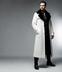 HAMS™ Men’s Genuine Cowhide Leather Long Trench Coat, White Leather Coat with Black Fur Collar, Full-Length Luxury Formal Outerwear