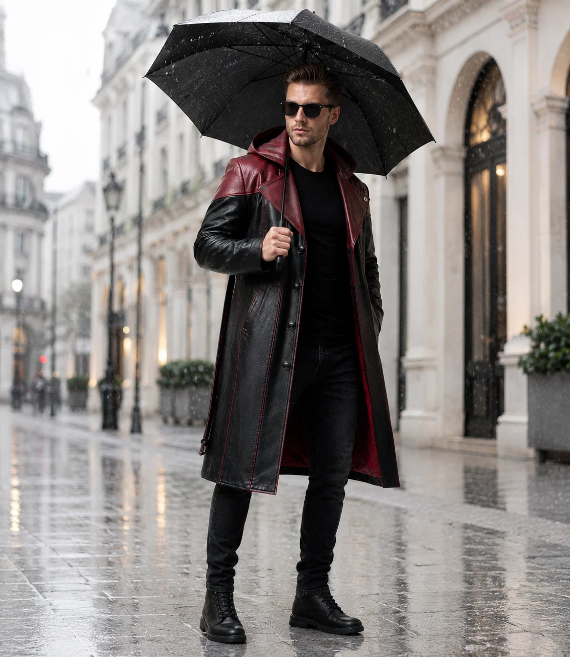 Men's Genuine Cowhide Leather Hooded Long Coat, Black and Deep Burgundy Button-Front Long Leather Coat