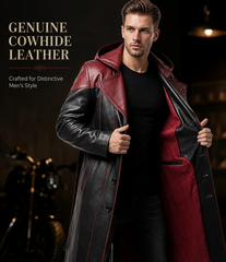 Men's Genuine Cowhide Leather Hooded Long Coat, Black and Deep Burgundy Button-Front Long Leather Coat