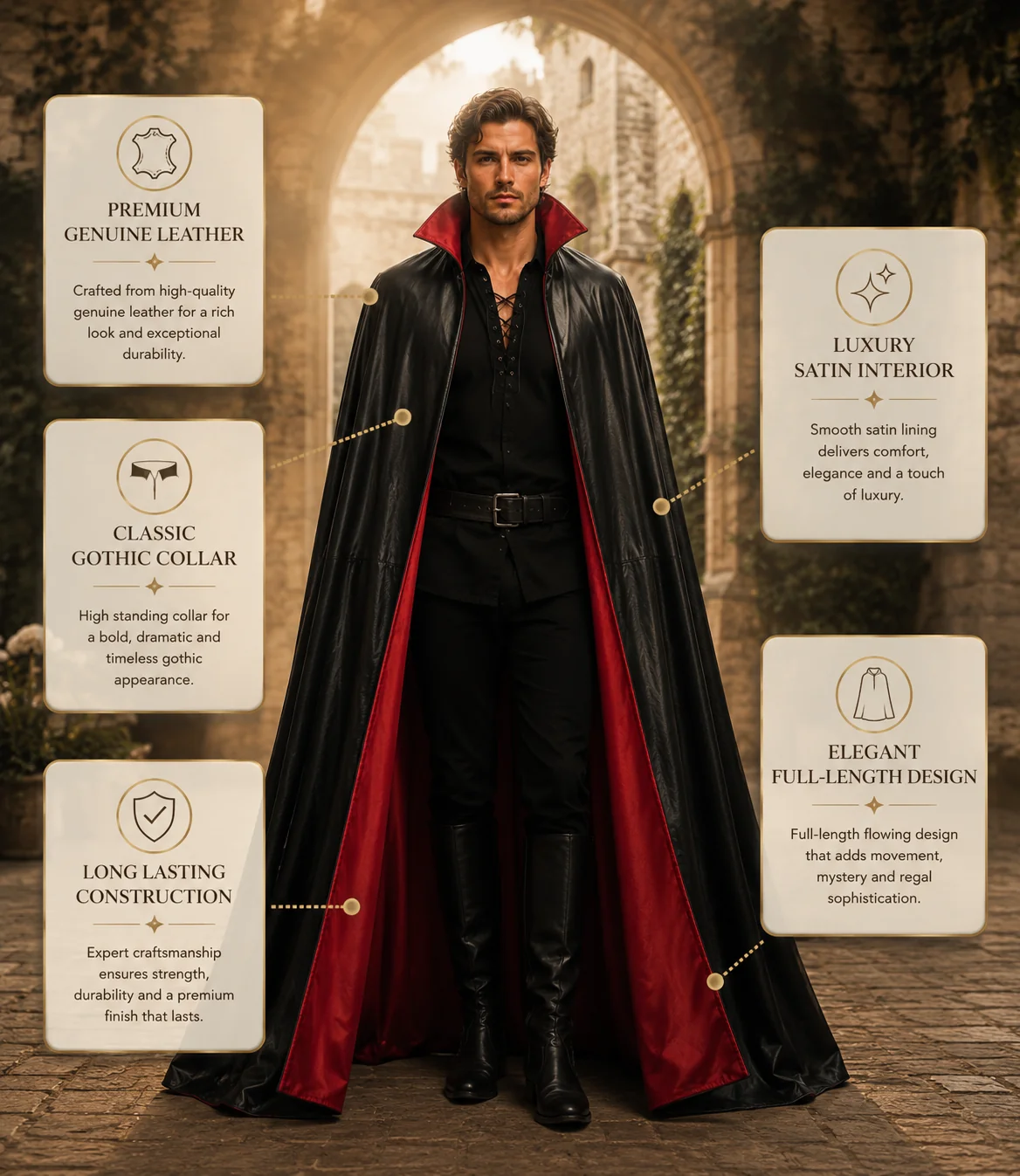Genuine Cowhide Leather Gothic Cape | Handmade Full Length Leather Cloak | Vampire Cape | Renaissance Medieval Fantasy Costume