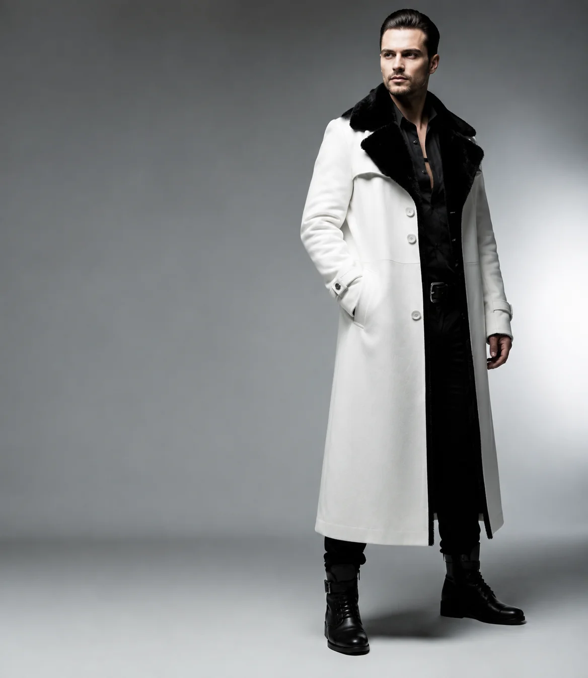 HAMS™ Men’s Genuine Cowhide Leather Long Trench Coat, White Leather Coat with Black Fur Collar, Full-Length Luxury Formal Outerwear