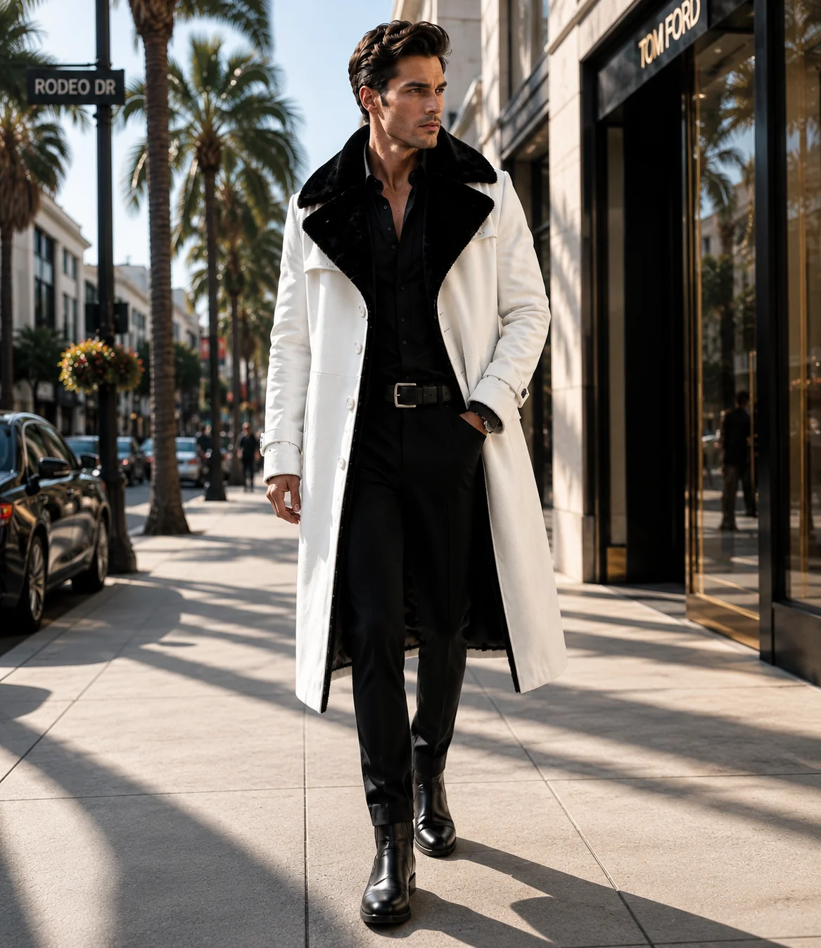 HAMS™ Men’s Genuine Cowhide Leather Long Trench Coat, White Leather Coat with Black Fur Collar, Full-Length Luxury Formal Outerwear