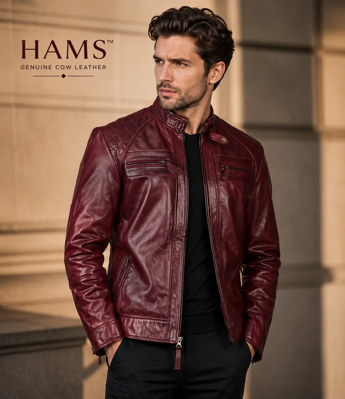 HAMS Men's Genuine Cow Leather Motorcycle Jacket – Premium Burgundy Cafe Racer Leather Jacket with Quilted Shoulders & Stand Collar
