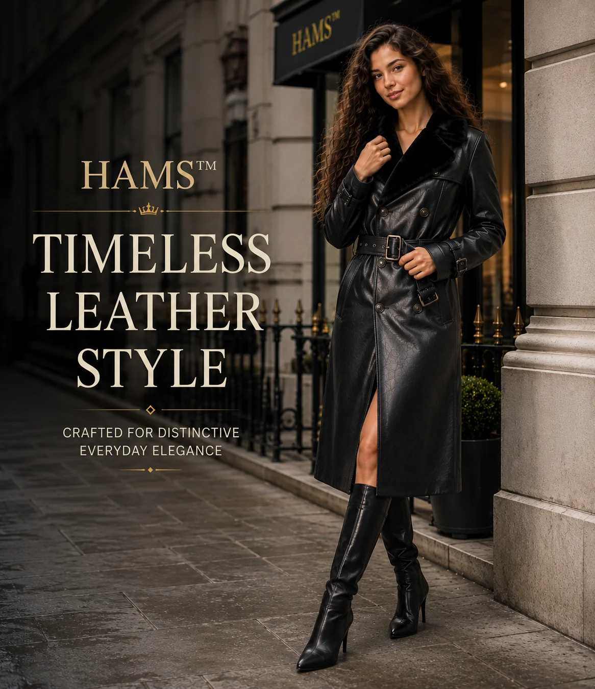 HAMS™ Women’s Black Leather Trench Coat, Longline Double-Breasted Belted Coat with Fur Collar, Structured Shoulders and Adjustable Cuffs
