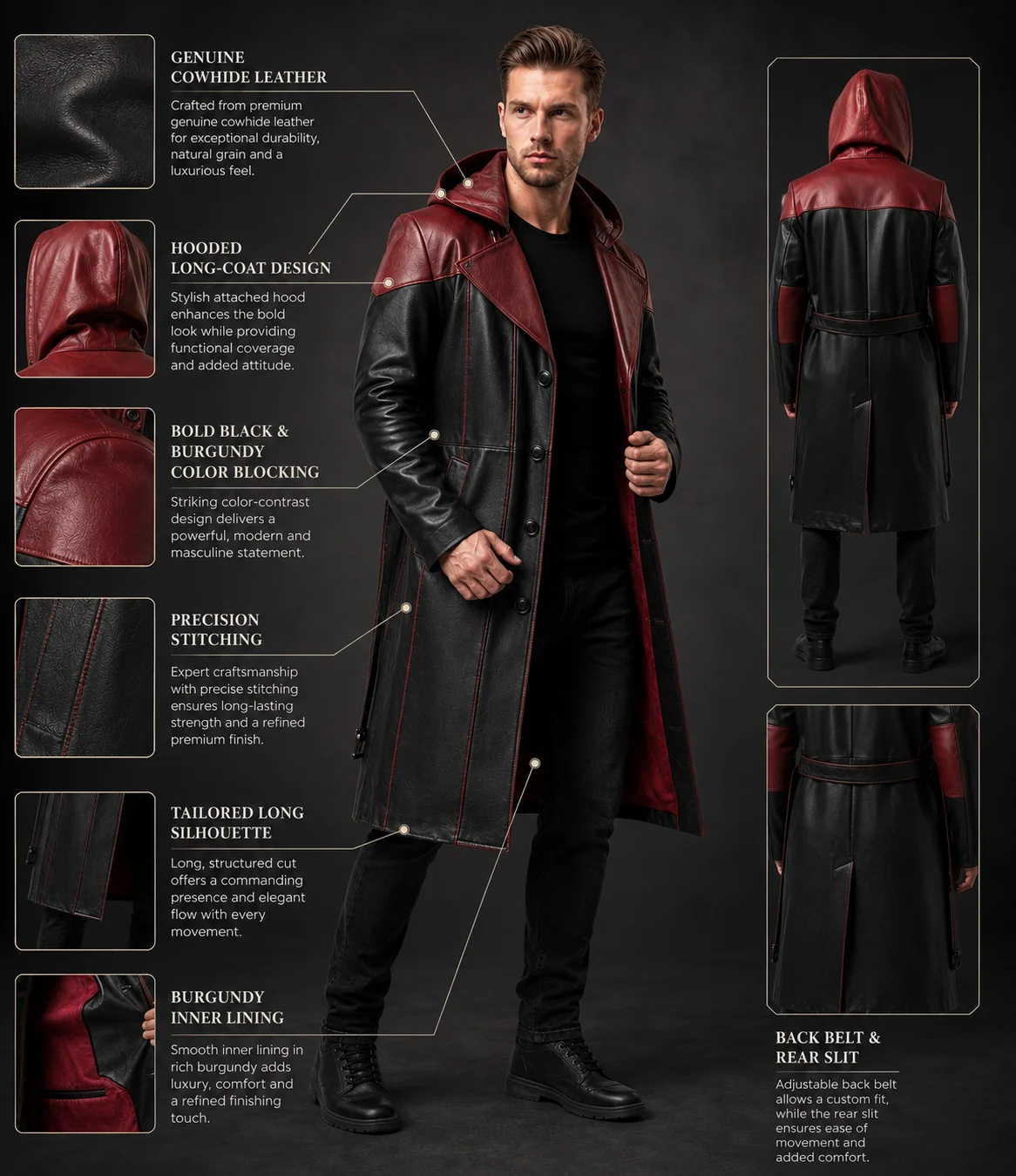 Men's Genuine Cowhide Leather Hooded Long Coat, Black and Deep Burgundy Button-Front Long Leather Coat