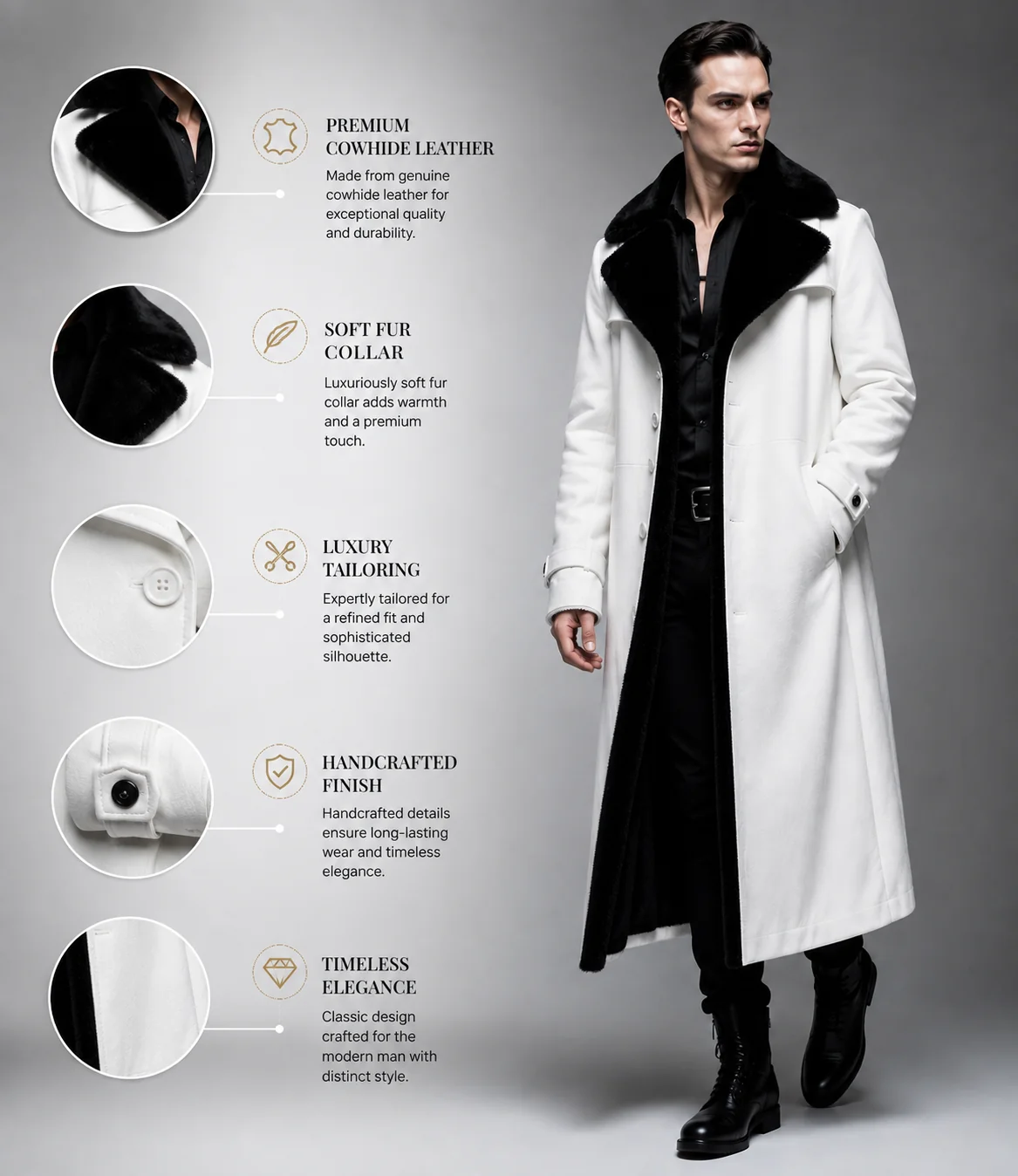 HAMS™ Men’s Genuine Cowhide Leather Long Trench Coat, White Leather Coat with Black Fur Collar, Full-Length Luxury Formal Outerwear