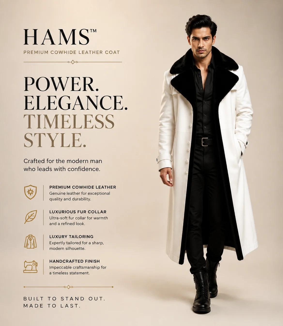 HAMS™ Men’s Genuine Cowhide Leather Long Trench Coat, White Leather Coat with Black Fur Collar, Full-Length Luxury Formal Outerwear