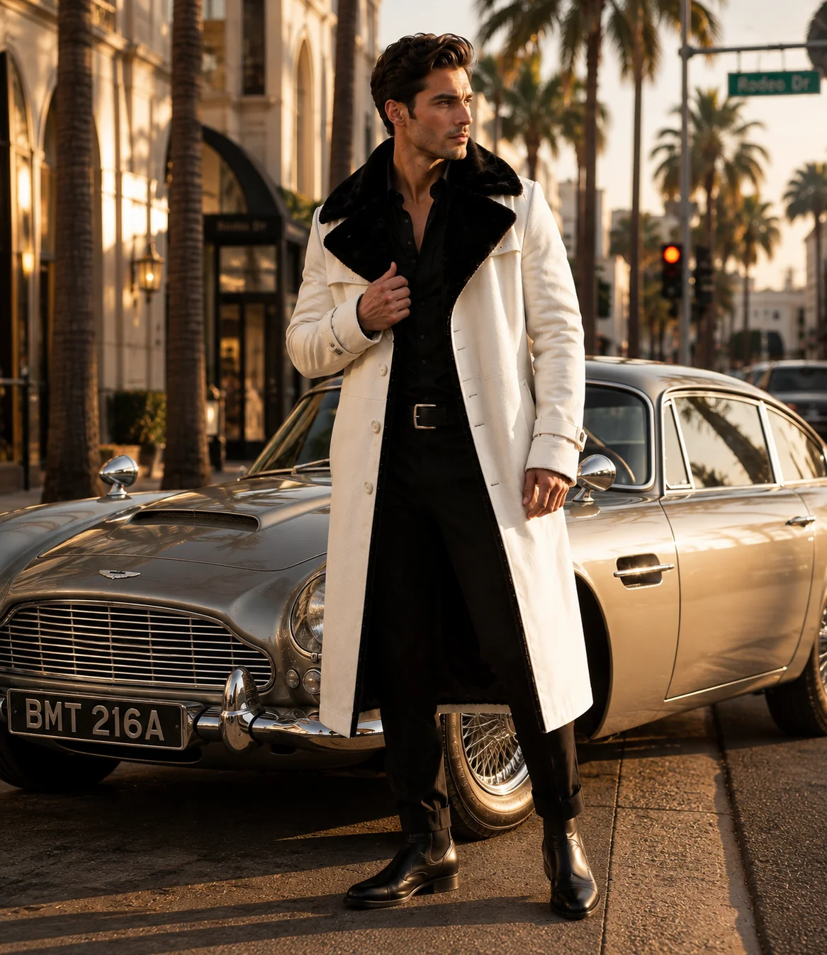 HAMS™ Men’s Genuine Cowhide Leather Long Trench Coat, White Leather Coat with Black Fur Collar, Full-Length Luxury Formal Outerwear