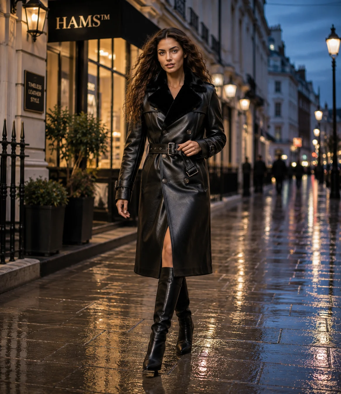 HAMS™ Women’s Black Leather Trench Coat, Longline Double-Breasted Belted Coat with Fur Collar, Structured Shoulders and Adjustable Cuffs