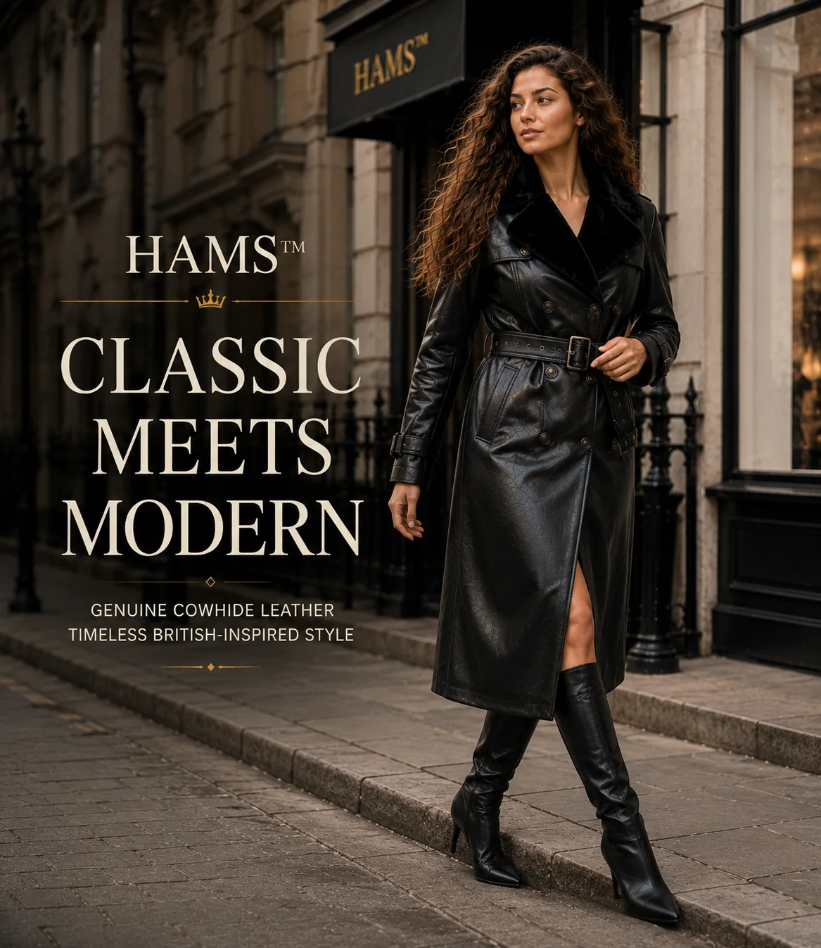 HAMS™ Women’s Black Leather Trench Coat, Longline Double-Breasted Belted Coat with Fur Collar, Structured Shoulders and Adjustable Cuffs