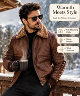 HAMS Men's Genuine Cow Leather Shearling Collar Bomber Jacket – Premium Vintage Brown Winter Leather Flight Jacket with Soft Warm Lining