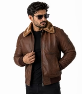 HAMS Men's Genuine Cow Leather Shearling Collar Bomber Jacket – Premium Vintage Brown Winter Leather Flight Jacket with Soft Warm Lining