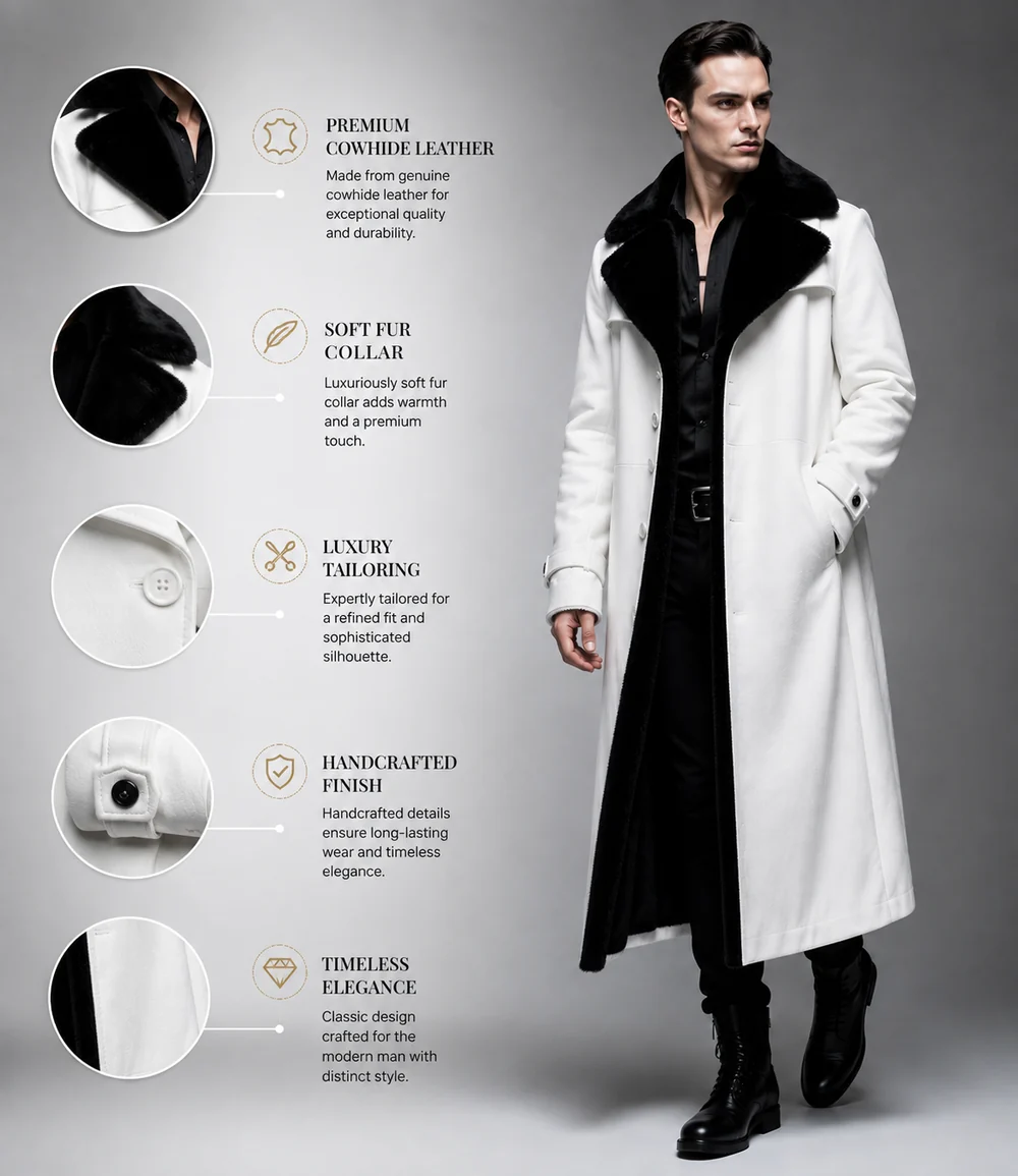 HAMS™ Men’s Genuine Cowhide Leather Long Trench Coat, White Leather Coat with Black Fur Collar, Full-Length Luxury Formal Outerwear