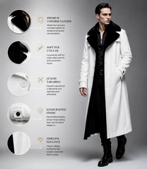 HAMS™ Men’s Genuine Cowhide Leather Long Trench Coat, White Leather Coat with Black Fur Collar, Full-Length Luxury Formal Outerwear