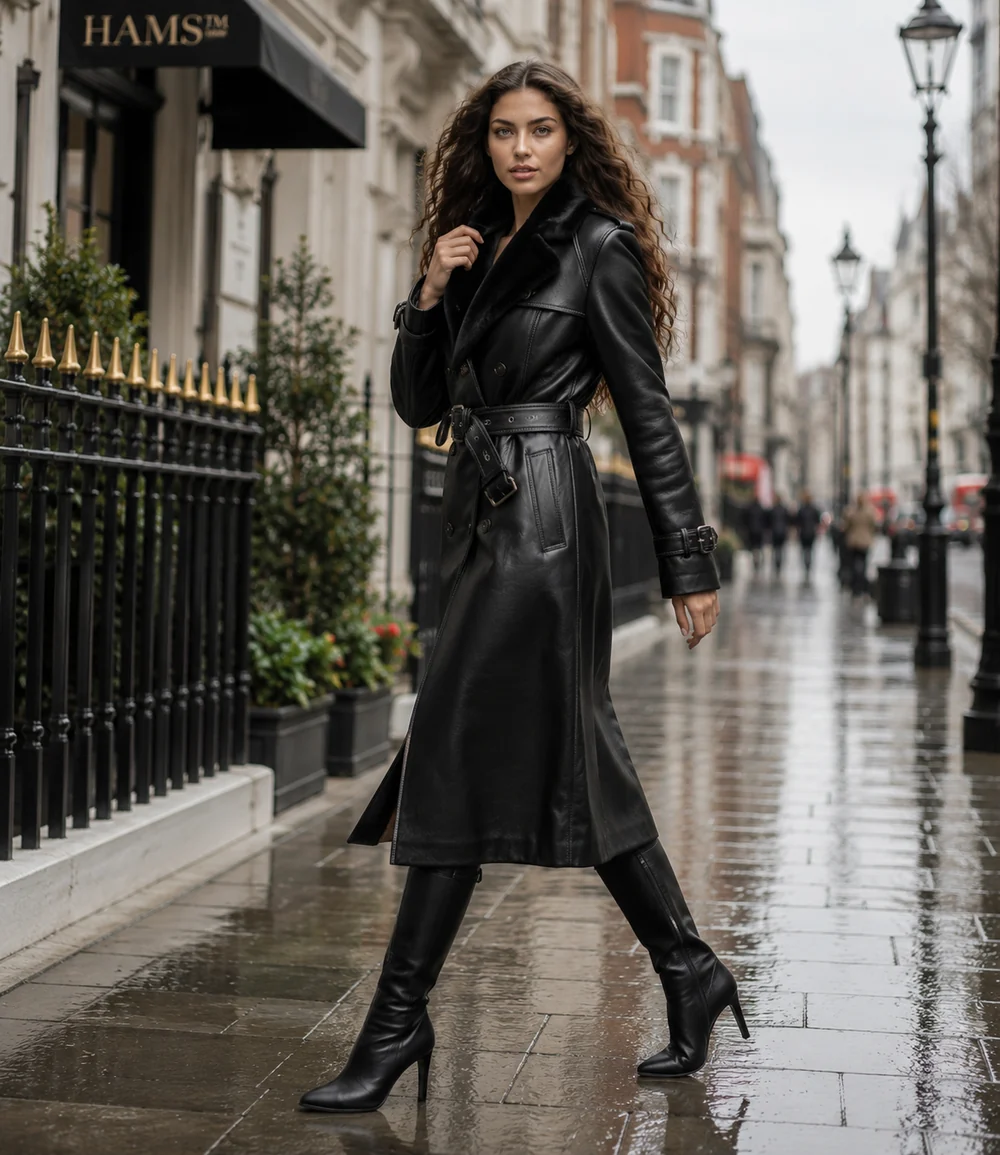 HAMS™ Women’s Black Leather Trench Coat, Longline Double-Breasted Belted Coat with Fur Collar, Structured Shoulders and Adjustable Cuffs